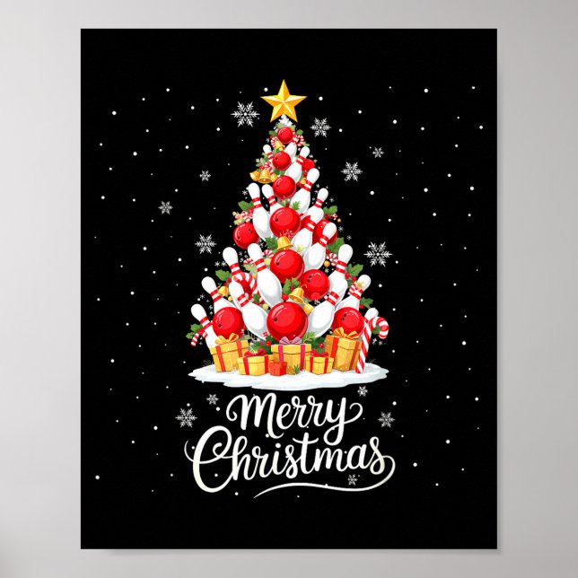 Funny Bowling Christmas Tree Lights Xmas Men Women Poster (Vorne)