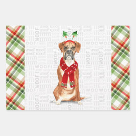Funny Boxer Weihnachtshund und Urlaub Kariert Geschenkpapier Set