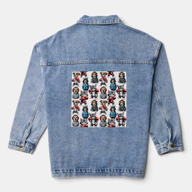 Funny Boxing Cat Dog Design Jeansjacke (Rückseite)