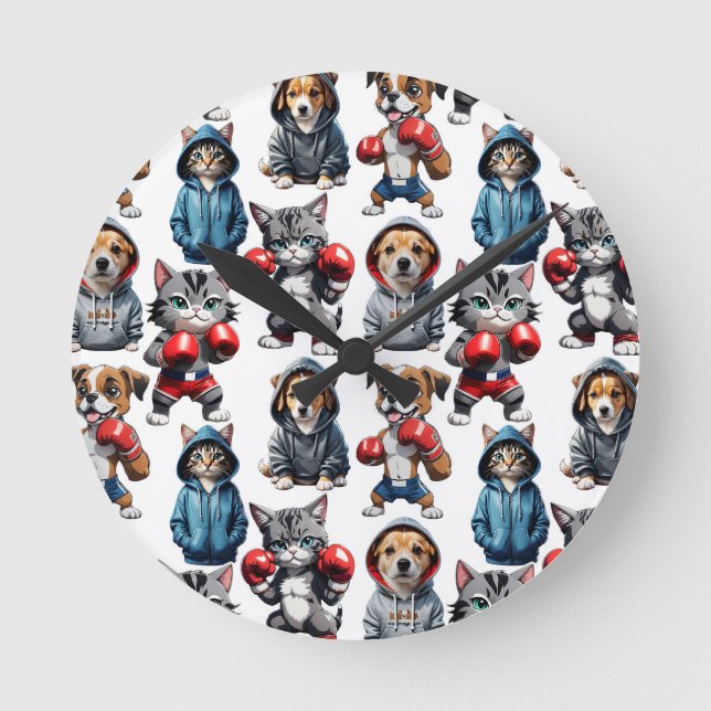 Funny Boxing Cat Dog Design Runde Wanduhr (Vorderseite)