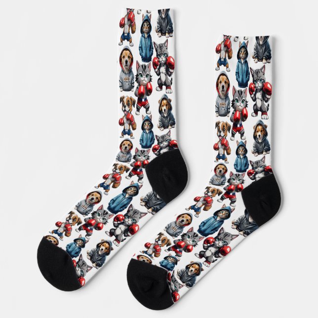 Funny Boxing Cat Dog Design Socken (Linkes Detail)