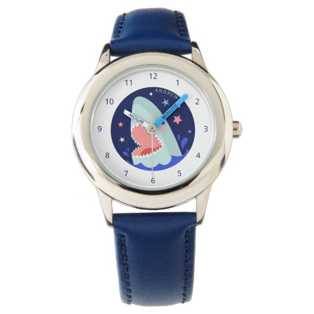 Funny Boy Shark Navy Blue Nautic Kids Name Sea Armbanduhr (Vorderseite)