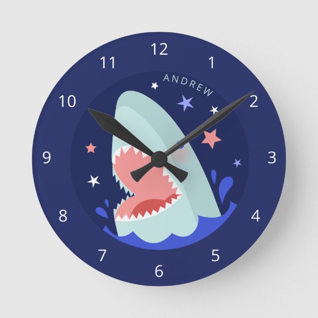 Funny Boy Shark Navy Blue Nautic Kids Name Sea Runde Wanduhr (Vorderseite)