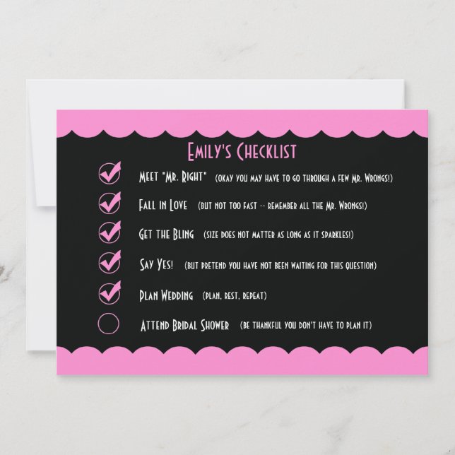 Funny Bridal Shower Einladung — Funny Checklist (Vorderseite)