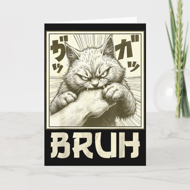 Funny Bruh Cat Bite Graphic Tee Japanese Anime Cat Karte (Vorderseite)