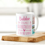 Funny Bubbe Grandchildren Kaffeetasse<br><div class="desc">Diese niedliche und lustige Bubbe-Tasse ist ein Geschenk für eine Großmutter, die es hasst, Großmutter genannt zu werden. In einer Collage von fünf Fotos ihrer Enkel zeigt sie das Sprichwort "Bubbe - denn Großmutter ist für alte Damen". Personalisieren Sie mit einer individuellen Nachricht, den Enkelnamen und/oder dem Jahr auf einem...</div>