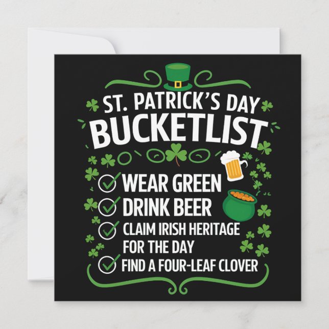 Funny Bucket List feiert St Patrick's Day Einladung (Vorderseite)