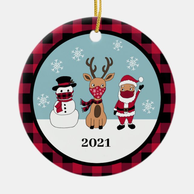 Funny Buffalo Karierter Karo Santa Mask Keramik Ornament (Vorne)