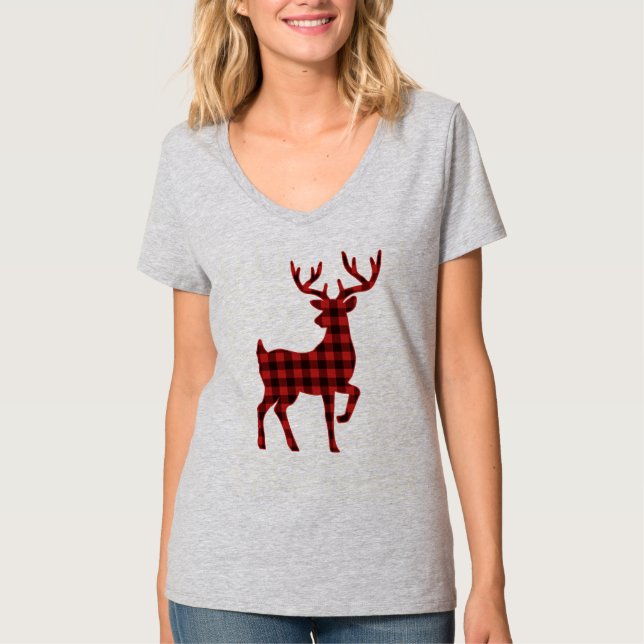 Funny Buffalo Kariertes Muster Weihnachten Hirsch T-Shirt (Vorderseite)