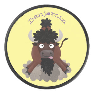 Funny Büffel Bison Cartoon Illustration Eishockey Puck