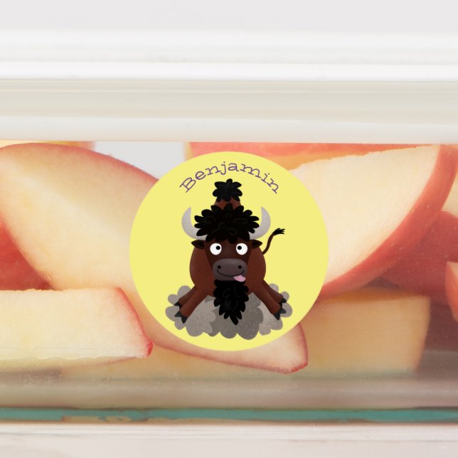 Funny Büffel Bison Cartoon Illustration Etiketten (Befestigt)