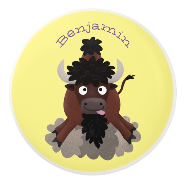 Funny Büffel Bison Cartoon Illustration Keramikknauf (Vorderseite)