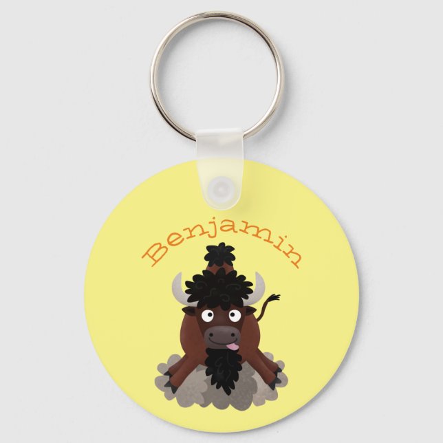 Funny Büffel Bison Cartoon Illustration Schlüsselanhänger (Vorderseite)