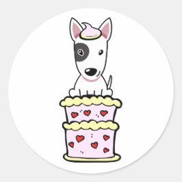 Funny Bull Terrier Hund springt aus einem Kuchen Runder Aufkleber