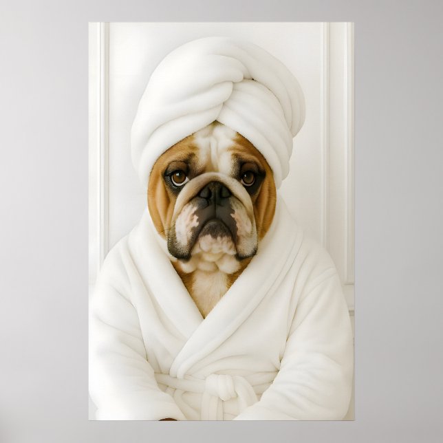 Funny Bulldog Bathroom Print, Bulldog In Bathrobe Poster (Vorne)