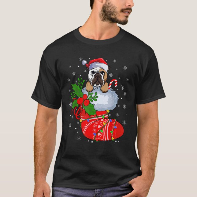 Funny Bulldog in Christmas Socken Lights Weihnacht T-Shirt (Vorderseite)