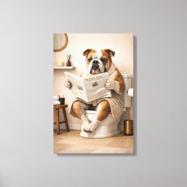 Funny Bulldog Reading Newspaper Bathroom Humor Leinwanddruck (Vorderseite)