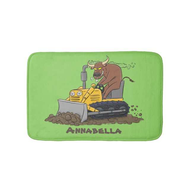 Funny Bulldozer Driving Cartoon Badematte (Vorderseite)