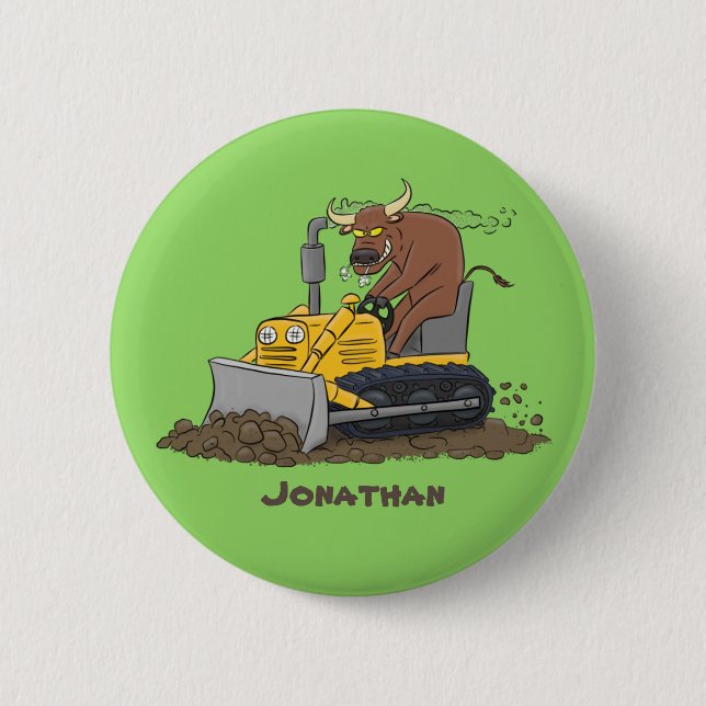 Funny Bulldozer Driving Cartoon Button (Vorderseite)
