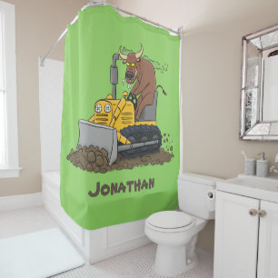 Funny Bulldozer Driving Cartoon Duschvorhang