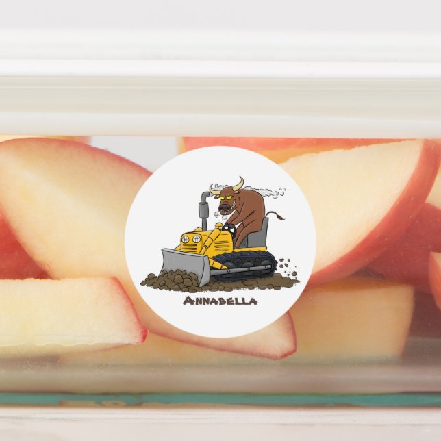 Funny Bulldozer Driving Cartoon Etiketten (Befestigt)