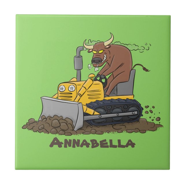 Funny Bulldozer Driving Cartoon Fliese (Vorderseite)