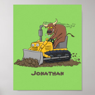 Funny Bulldozer Driving Cartoon Poster
