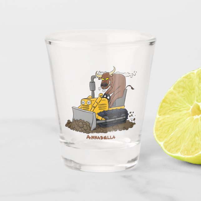 Funny Bulldozer Driving Cartoon Schnapsglas (Vorderseite)