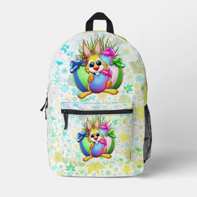 Funny Bunny biting an Easter Egg Bedruckter Rucksack (Vorderseite)