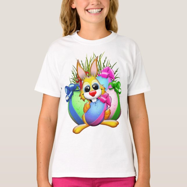 Funny Bunny biting an Easter Egg T-Shirt (Vorderseite)