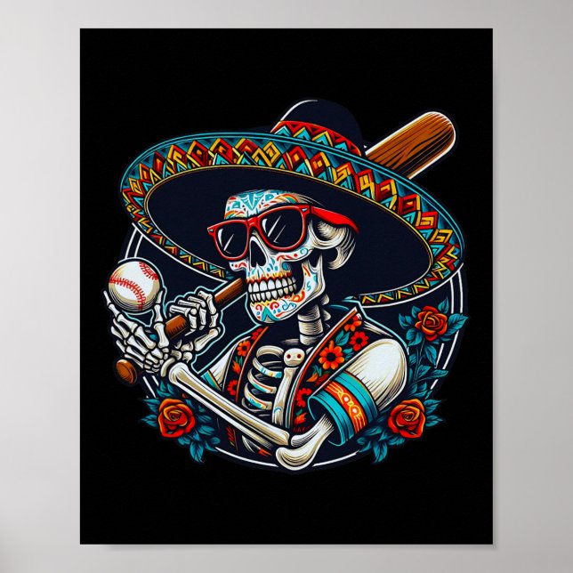 Funny Bysebyll Skeleton Mexican Sombrero Cool Cinc Poster (Vorne)