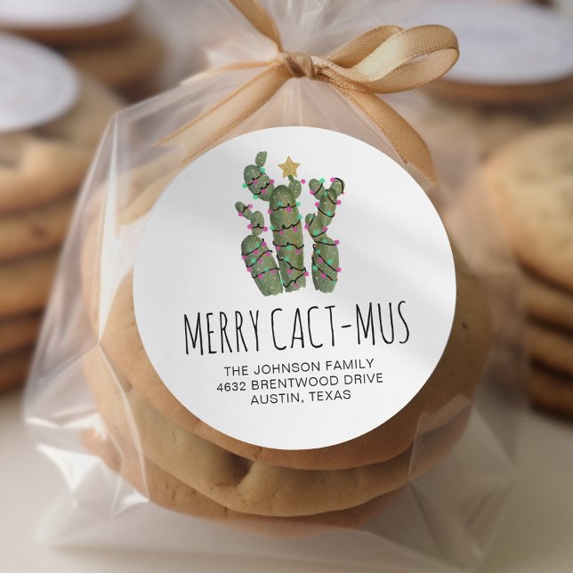 Funny Cactus Christmas Holiday Rücksendeadresse Runder Aufkleber (Von Creator hochgeladen)