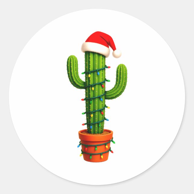 Funny Cactus Santa Hat Xmas Tree Lights Merry Chri Runder Aufkleber (Vorderseite)