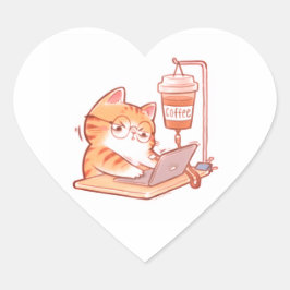 Funny Caffeinated Cat Sticker, Cute Overworked Gin Herz-Aufkleber