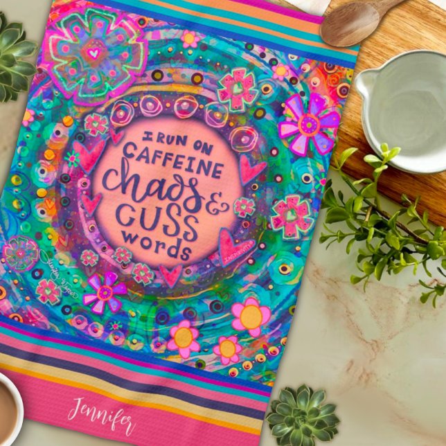 Funny Caffeine Chaos Cuss Worte Blumenstrippname Geschirrtuch (Von Creator hochgeladen)