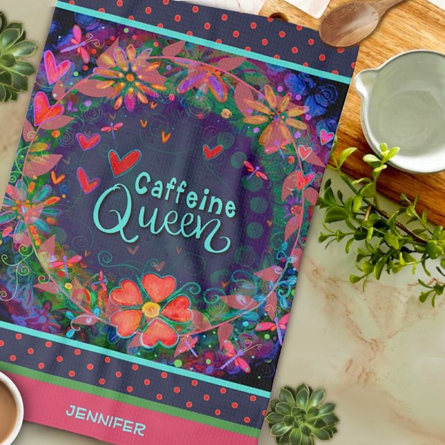 Funny Caffeine Queen Zitat Blumenherz Name Geschirrtuch (Von Creator hochgeladen)