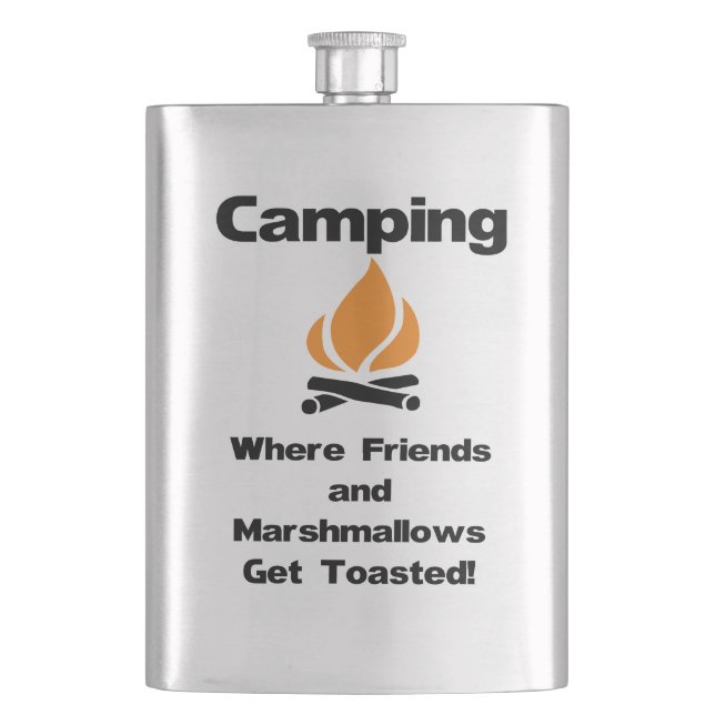 Funny Camping Sprichwort mit Marshmallows und Freu Flachmann (Vorderseite)