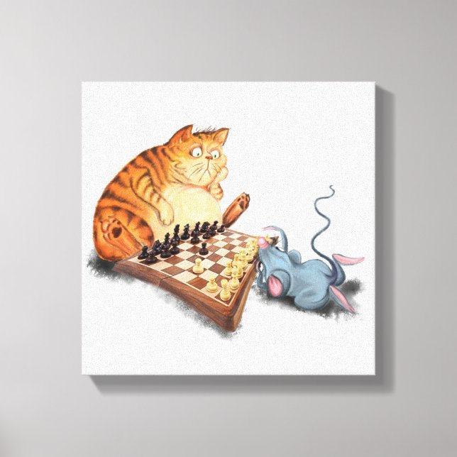 Funny Canvas Print Cat and Mouse Playing Schach Leinwanddruck (Vorderseite)