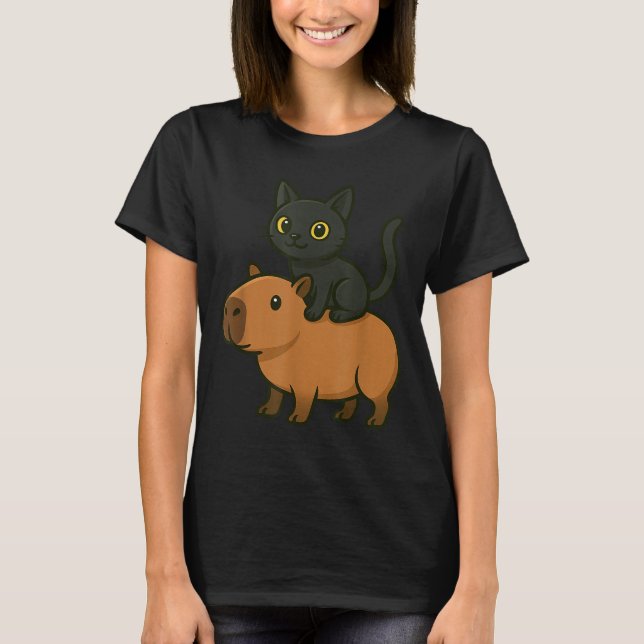 Funny Capybara Black Cat Tier Lover Mama Vater Kin T-Shirt (Vorderseite)