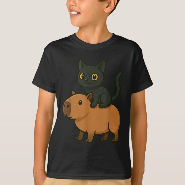 Funny Capybara Black Cat Tier Lover Mama Vater Kin T-Shirt (Vorderseite)