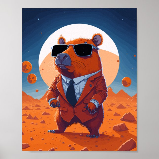 Funny Capybara mit Anzug auf Mars Moderne Poster (Vorne)