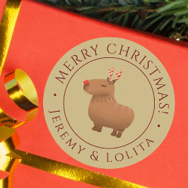 Funny Capybara Rentierfestival Weihnachten Gold Runder Aufkleber
