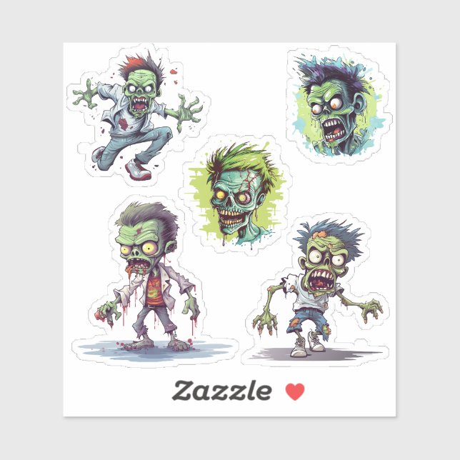 Funny Cartoon 5 Crazy Zombie Aufkleber (Blatt)