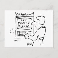 Funny Cartoon Bank Geldautomat sagt, bitte.