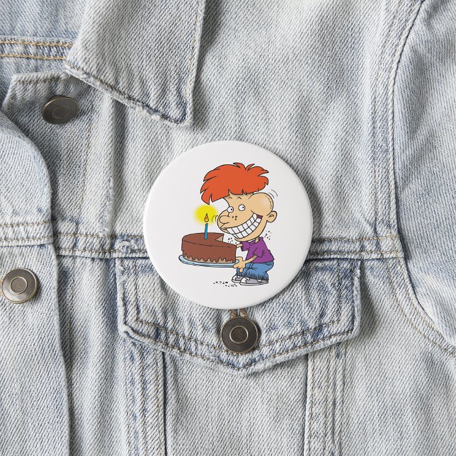Funny Cartoon Boy with Chocolate Birthday Cake Button (Von Creator hochgeladen)