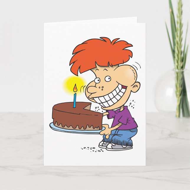 Funny Cartoon Boy with Chocolate Birthday Cake Karte (Von Creator hochgeladen)