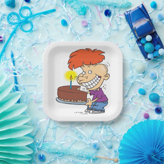 Funny Cartoon Boy with Chocolate Birthday Cake Pappteller (Von Creator hochgeladen)