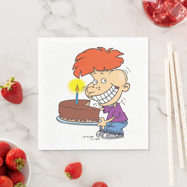 Funny Cartoon Boy with Chocolate Birthday Cake Serviette (Von Creator hochgeladen)