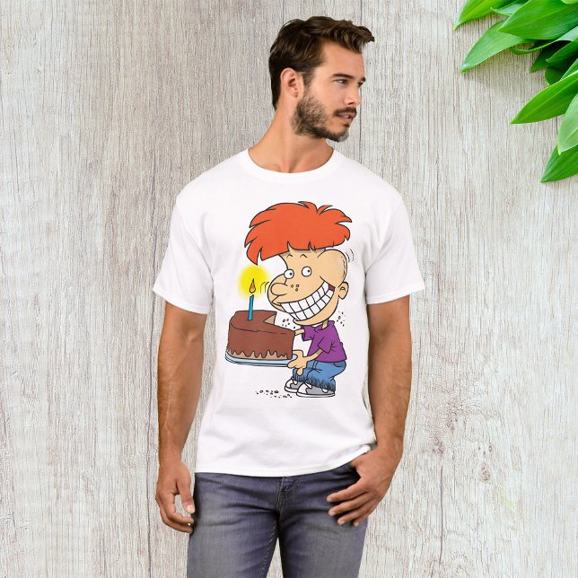 Funny Cartoon Boy with Chocolate Birthday Cake T-Shirt (Von Creator hochgeladen)