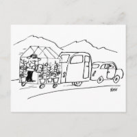 Funny Cartoon Car Towing Caravan und Greenhouse